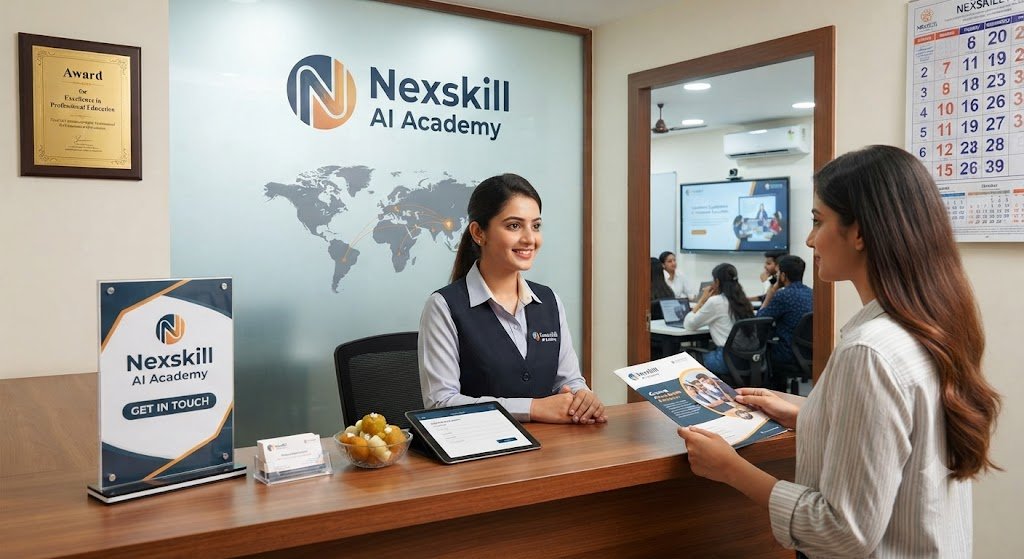 A welcoming student advisor at the reception desk of Nexskill AI Academy assisting an applicant with course details and inquiries.